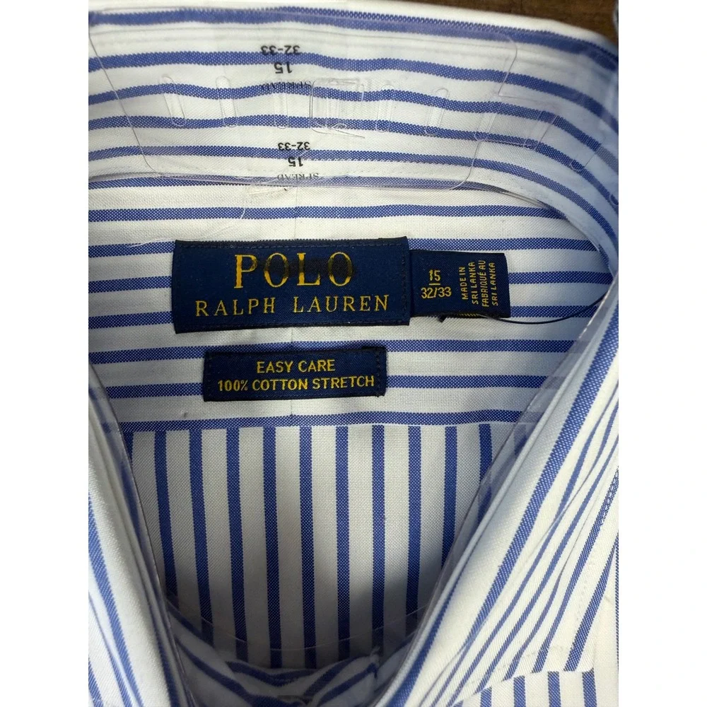 Polo Ralph Lauren Men Dress Shirt 15 32/33 Blue White Stripe Easy Care Stretch